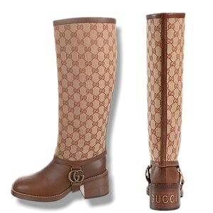 Gucci Lola Beige GG Monogram  Canvas Leather Tall Riding Heel Boots & Box NWT